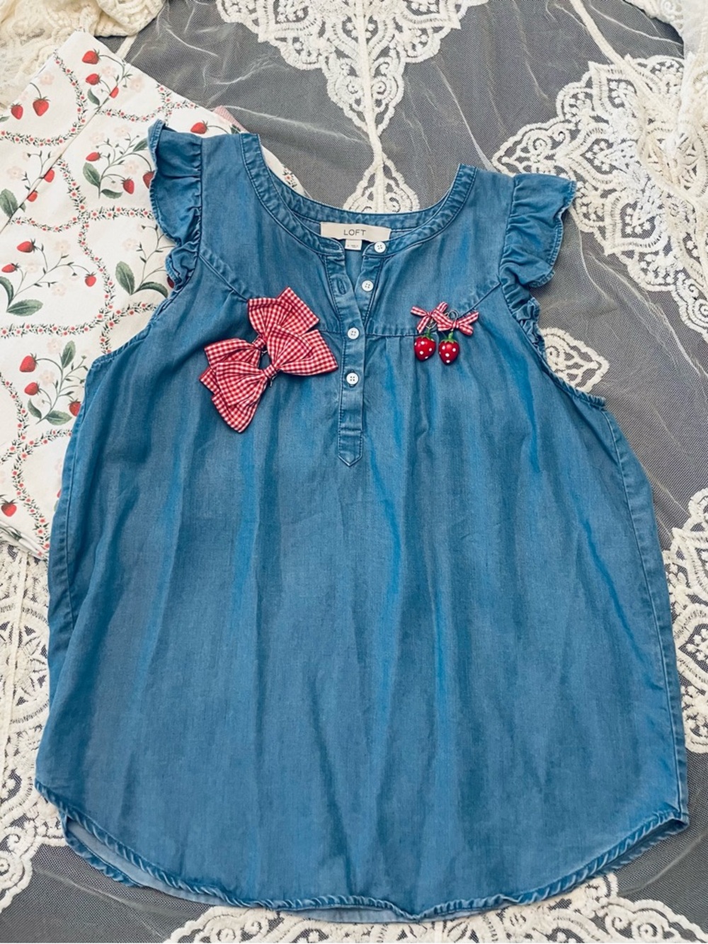 LOFT Blue Chambray Sleeveless Top with Red Gingham Bows